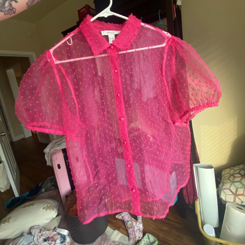 Plus Size Barbiecore Organza Puff Sleeve Top